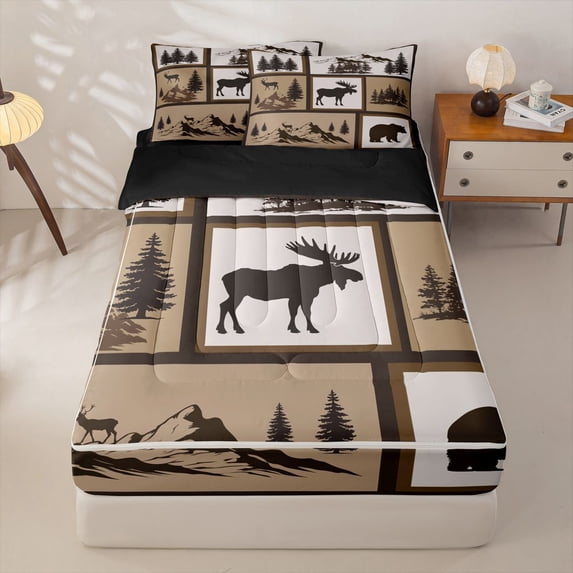 Manfei Jungle Wildlife Zipper Twin Comforter Sets with Fitted Sheet and 2 Pillowcases,Mountain Pine Zipper Bedding Set,Brown,Black Reversible,4pcs