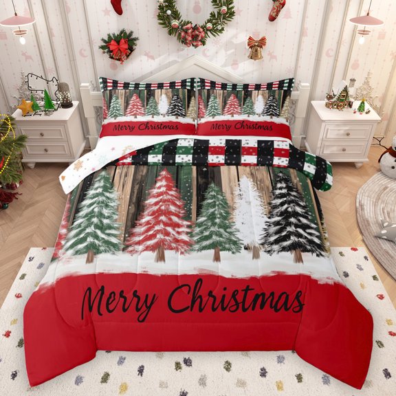 Homewish Jungle Winter Xmas Tree Queen Comforter Set, Rustic Farmhouse Cabin Bedding Sets, Merry Christmas Reversible Bedding Comforter Set, Super Cozy Room Decor, 3 Pieces