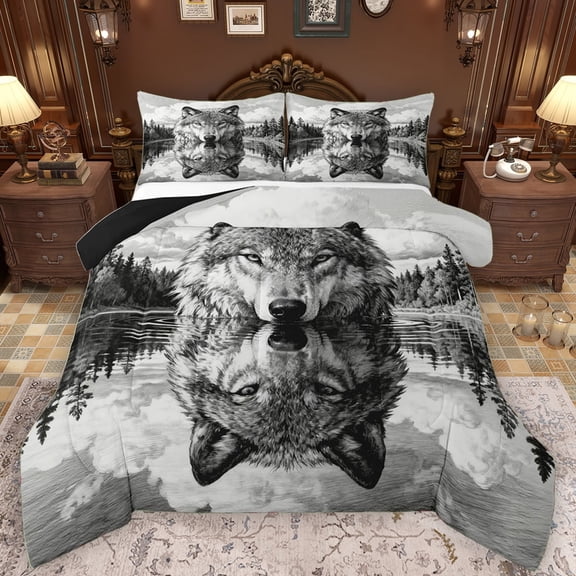 Manfei Jungle Wolf Wildlife Queen Comforter Set, Rustic Farmhouse Lake Bedding Sets, Western Animal Reversible Bedding Comforter Set, Luxury Bedroom Decor, 3pcs