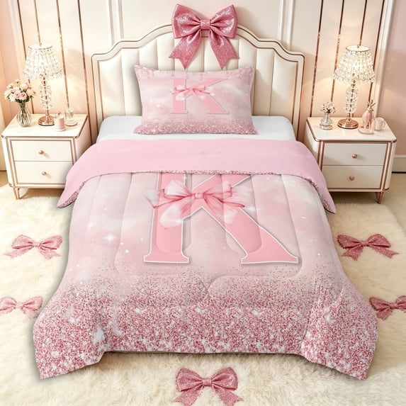 Manfei K Personalized Initial Twin Comforter Sets 3-Piece for Girls Teens,Kids Cute Bowknot Glitter Print Bedding Set,Pink Reversible,Breathable Home Decor