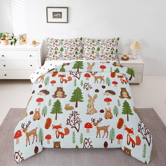Manfei Kangaroo Deer Bear Queen Comforter Set,Cute Fox Hedgehog Bedding Sets,Red Mushroom Green Pine Bedding Comforter Set For Teens,Microfiber Bedroom Decor Reversible,3-Piece