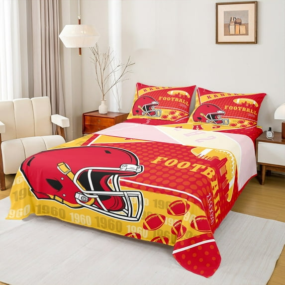 Manfei Kansas Queen Sheet Sets,Rugby Sports Flat Sheet,American Football Queen Fitted Sheet,Breathable Room Decorative,4-Piece