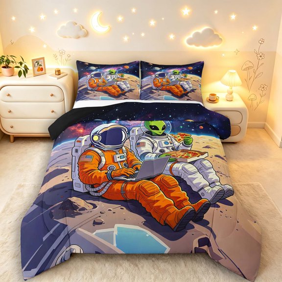 Manfei Kawaii Alien Astronauts Full Size Comforter Sets,Celestial Galaxy Bedding Comforter Set,Brown,Black Reversible,3pcs,1 Comforter and 2 Pillowcases