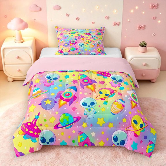 Manfei Kawaii Alien Astronauts Twin Comforter Sets,Rainbow Gradient Space Bedding Set,Pink Yellow,Pink Reversible,2pcs,1 Comforter and 1 Pillowcase