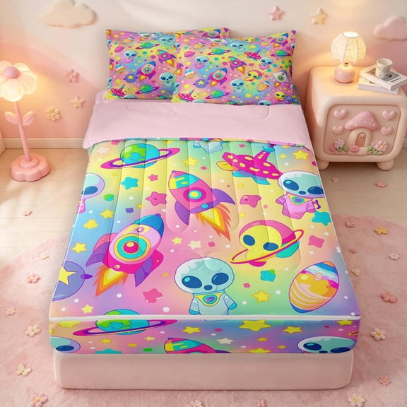 Manfei Kawaii Alien Astronauts Zipper Full Size Comforter Sets with Fitted Sheet and 2 Pillowcases,Rainbow Gradient Space Zipper Bedding Set,Pink Yellow,Pink Reversible,4pcs