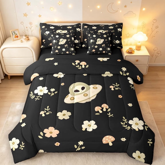 Manfei Kawaii Alien Ufo 7-Piece Twin Bedding,Boho Wild Mushrooms Flowers Bedding Comforter Set,Black Cream,Black Reversible