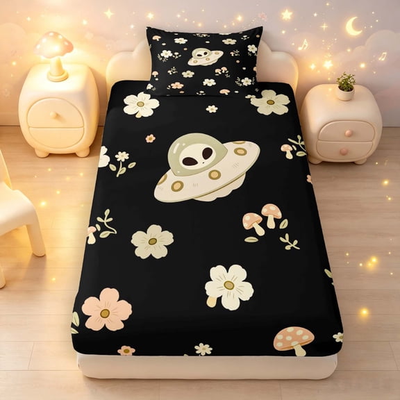 Manfei Kawaii Alien Ufo Twin Fitted Sheet,Boho Wild Mushrooms Flowers Bedding,Black Cream,2-Piece
