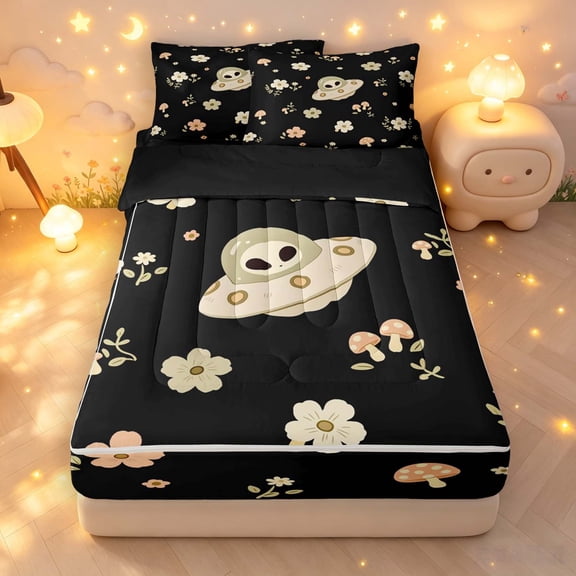 Manfei Kawaii Alien Ufo Zipper Twin Comforter Sets with Fitted Sheet and 2 Pillowcases,Boho Wild Mushrooms Flowers Zipper Bedding Set,Black Cream,Black Reversible,4pcs