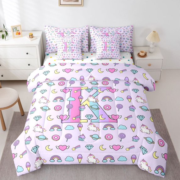 Manfei Kawaii Alphabet K Print 7pcs Queen Bedding,Sweet Donut Bedding Comforter Set Queen,Purple,Polkadot Reversible