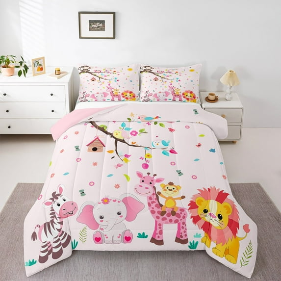 Manfei Kawaii Animal Bedding Queen Comforter Set, Elephant Lion Down Comforter, Cartoon Flower Floral Reversible Duvet Insert, Ultra Soft Room Decor, 3 Pieces