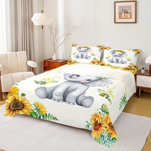 Manfei Kawaii Animal Elephant Twin Sheet Sets 3pcs for Kids Children,Chic Floral Sunflowers Twin Fitted Sheet Microfiber,Cartoon Wildlife Breathable Flat Sheet,Luxury Bedroom Decor
