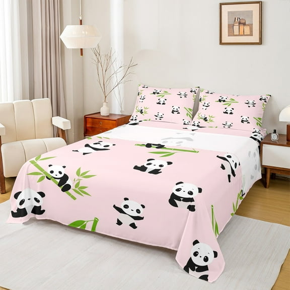 Manfei Kawaii Animal Panda 3pcs Twin Sheet Sets for Kids Girls Boys,Green Leaves Twin Fitted Sheet,Cartoon Wildlife Breathable Flat Sheet,Ultra Soft Home Decor