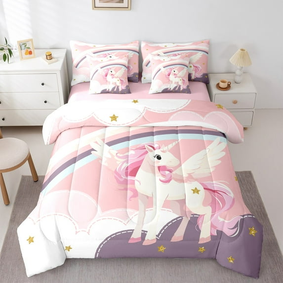 Manfei Kawaii Animal Unicorn 7-Piece Bedding Comforter Set,Colorful Rainbow King Bedding Sets,Gold Glitter Print Stars Bed Sheets For Girls Kids,Super Cozy Room Decor Reversible