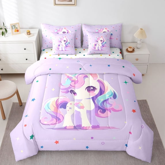Manfei Kawaii Animal Unicorn 7-Piece King Bedding,Starry Sky King Bed in a Bag,Pastel Purple,Polkadot Reversible