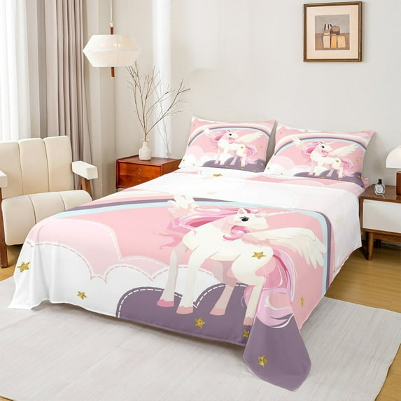 Manfei Kawaii Animal Unicorn Queen Sheet Sets,Colorful Rainbow Flat Sheet,Gold Glitter Print Stars Queen Fitted Sheet For Girls Kids,Super Cozy Room Decor,4-Piece