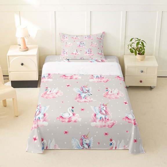 Manfei Kawaii Animal Unicorn Twin Sheets,Cute Swan Flower Bedding,Pink Gray Multicolor,3pcs,1 Fitted Sheet and 1 Pillowcase