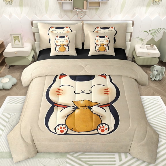 Manfei Kawaii Anime Cat Bedding Comforter Set 7pcs for Kids, Cute Japanese Kitten Lover King Bedding Sets, Cartoon Animal Reversible Bed Sheets, Luxury Bedroom Decor
