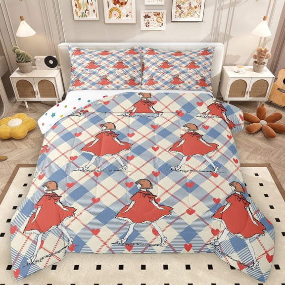 Manfei Kawaii Anime Girl Bedding Comforter Set for Kids, Blue Wheat Buffalo Plaid Twin Comforter Sets, Cartoon Love Heart Reversible Bedding Set, Ultra Soft Bedroom Decor, 2pcs