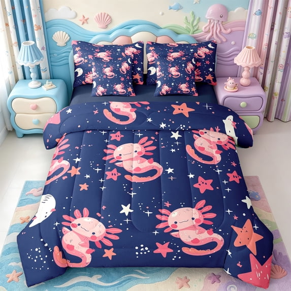 Manfei Kawaii Axolotl 7-Piece King Bedding,Animals Pattern King Bed in a Bag,Navy Blue Reversible