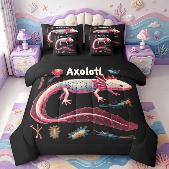 Manfei Kawaii Axolotl 7-Piece King Bedding,Animals Print King Bed in a Bag,Black Reversible
