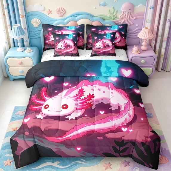 Manfei Kawaii Axolotl 7-Piece King Bedding,Watercolor Ocean Animal King Bed in a Bag,Reversible