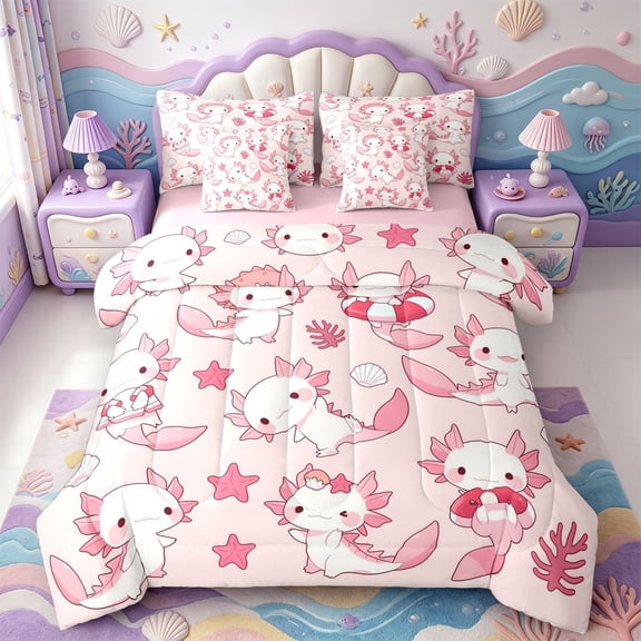 Manfei Kawaii Axolotl 7-Piece Twin Bedding,Cute Animals Print Bedding Comforter Set,Pink Reversible