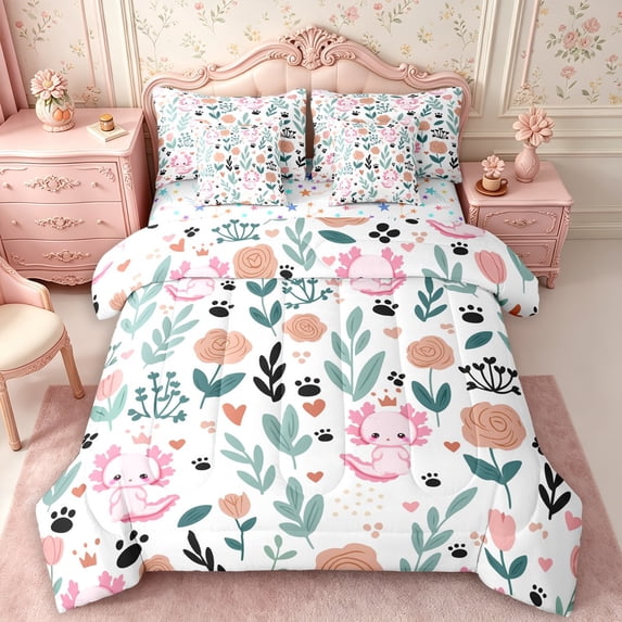 Manfei Kawaii Axolotl 7-Piece Twin Bedding,Floral Animal Bedding Comforter Set,Reversible