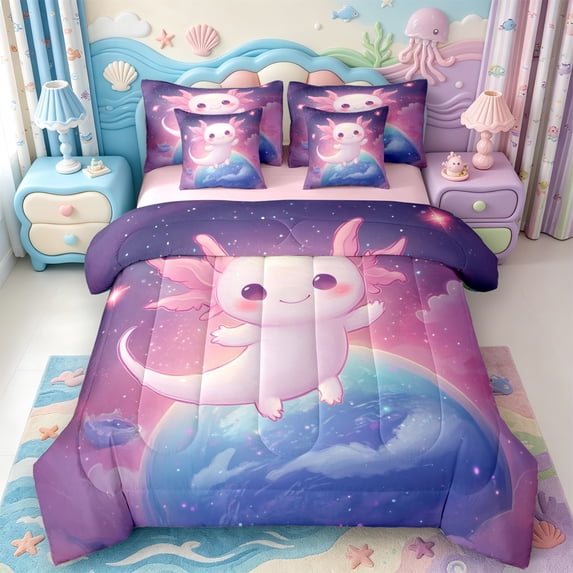 Manfei Kawaii Axolotl 7 Pieces Full Size Bedding Sets,Ocean Aniaml Salamander Full Size Bed in a Bag,Pink Reversible