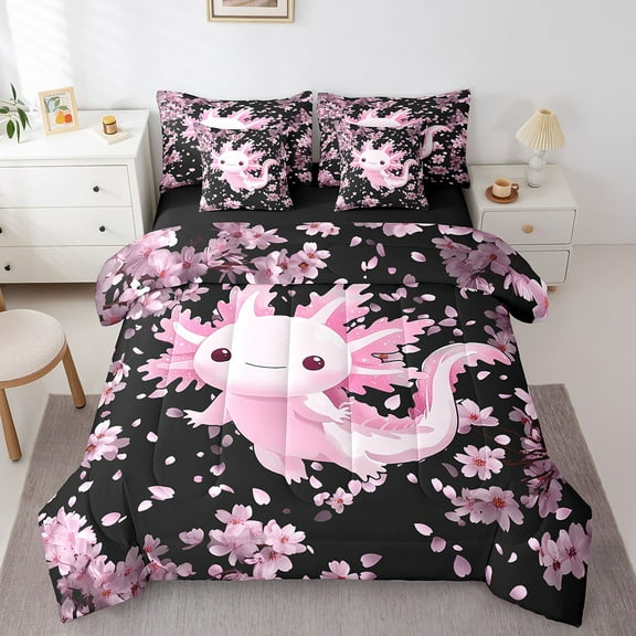 Manfei Kawaii Axolotl Bed in a Bag Full Size,Ocean Animal Bed Set,Pink Flower Sakura Bedding Full Size For Girl,Microfiber Bedroom Decoration Reversible,7 Pieces