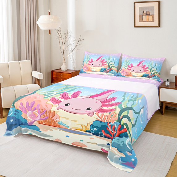 Manfei Kawaii Axolotl Bed Sheets Full, Ocean Coral Full Sheet Sets, Cartoon Animal Bedding Sets Full Size, Breathable Room Decorative, 4 Pieces