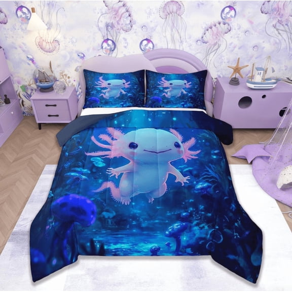 Manfei Kawaii Axolotl Bedding Comforter Set,Cute Axolotl Twin Comforter Sets,Cartoon Wildlife Salamander Bedding Set For Kids Boys Girls,Blue Ocean Animal Sheet Set With Comforter Reversible,2-Piece