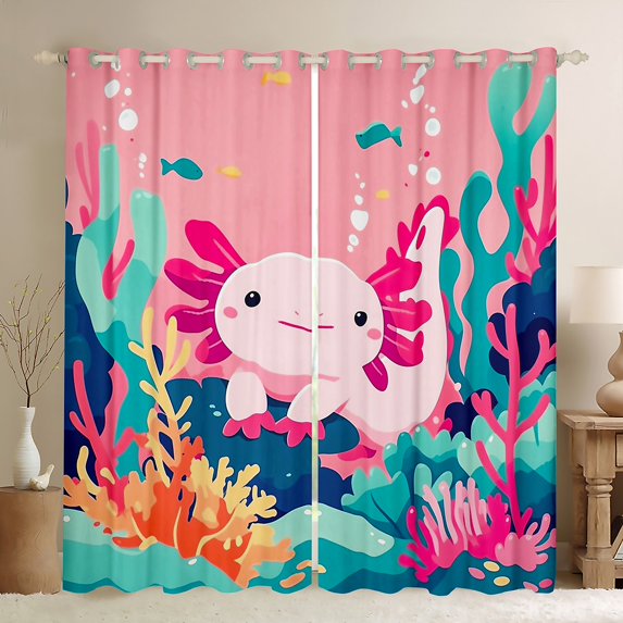 Manfei Kawaii Axolotl Black Out Curtains for Teens Kids,Cartoon Animal Curtains Pack of 2 (42x63 Each),Cute Marine Salamander Bedroom Curtains,Lightweight Room Decor