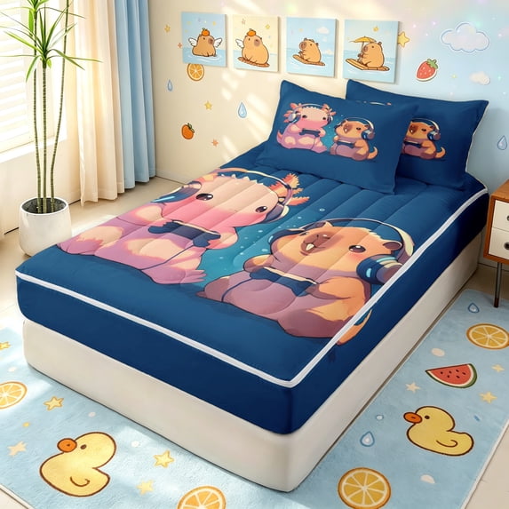 Manfei Kawaii Axolotl Capybara Zipper Queen Comforter Set with Fitted Sheet and 2 Pillowcases, Galaxy Animal Zipper Bedding Set, Royal Blue, Blue Reversible, 4pcs