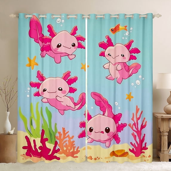 Manfei Kawaii Axolotl Curtains Pack of 2 (42x84 Each) for Teens Kids,Cartoon Animal Curtains Blackout,Cute Marine Salamander Bedroom Curtains,Lightweight Room Decor