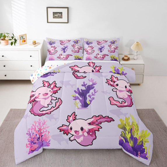 Manfei Kawaii Axolotl Full Size Comforter Sets 3-Piece for Teens Kids,Cartoon Animal Bedding Comforter Set,Cute Marine Salamander Lightweight Bedding Sets,Lightweight Room Decor,Reversible