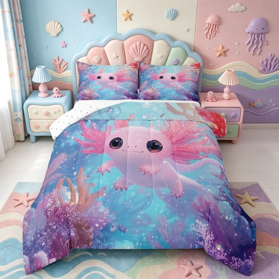 Manfei Kawaii Axolotl Full Size Comforter Sets,Ocean Amphibian Print Bedding Comforter Set,Reversible,3pcs,1 Comforter and 2 Pillowcases
