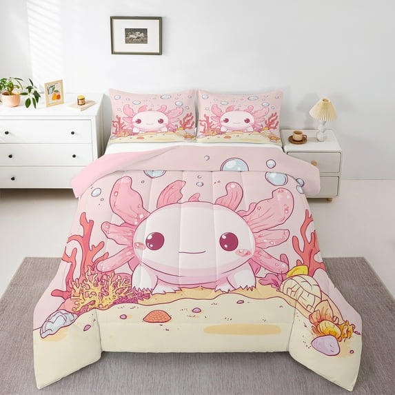 Manfei Kawaii Axolotl King Size Comforter Sets,Cartoon Animal Bedding Comforter Set,Colorful Sea Coral Bedding Set For Girls,Ultra Soft Home Decor Reversible,3-Piece
