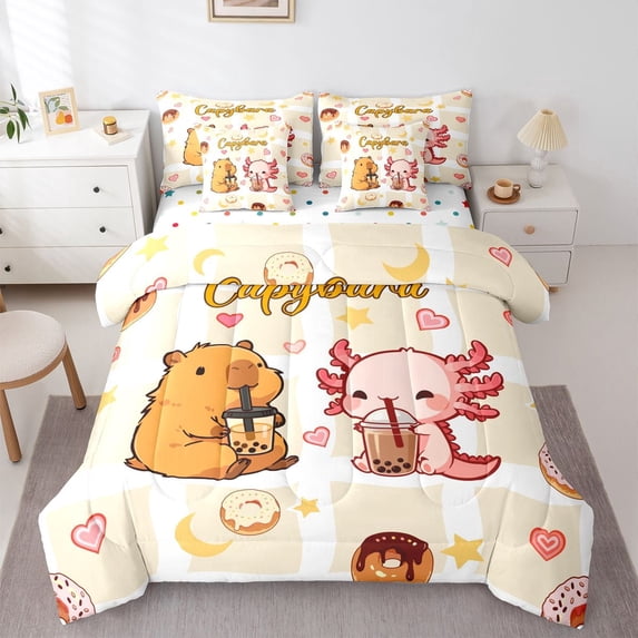 Manfei Kawaii Axolotl Pattern 7-Piece Twin Bedding,Cute Capybara Bedding Comforter Set,White,Polkadot Reversible