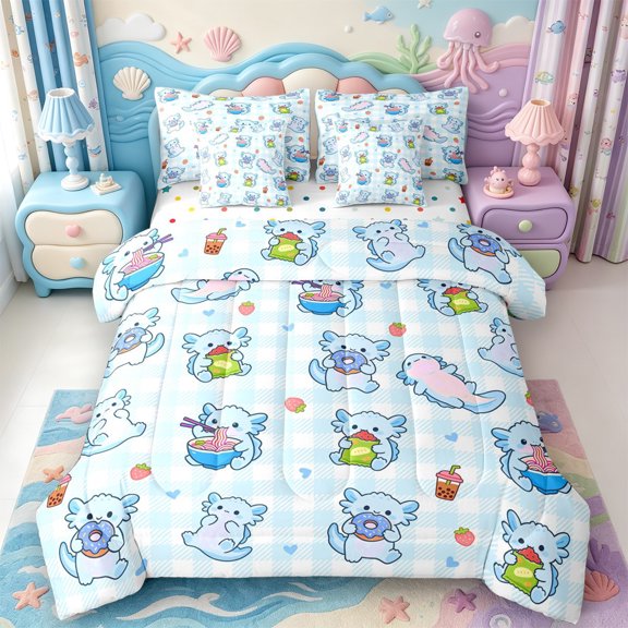 Manfei Kawaii Axolotl Pattern 7-Piece Twin Bedding,Ocean Themed Amphibian Bedding Comforter Set,Polkadot Reversible