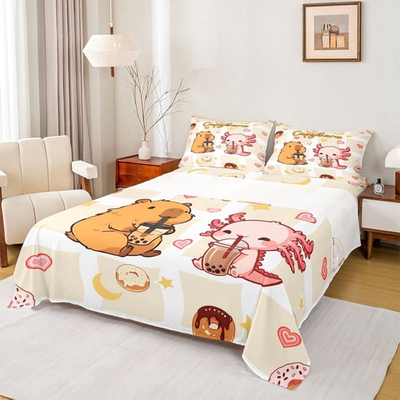 Manfei Kawaii Axolotl Pattern Bed Sheets,Cute Capybara Full Size Sheets,White,4-Piece,1 Flat Sheet, 1 Fitted Sheet and 2 Pillowcases