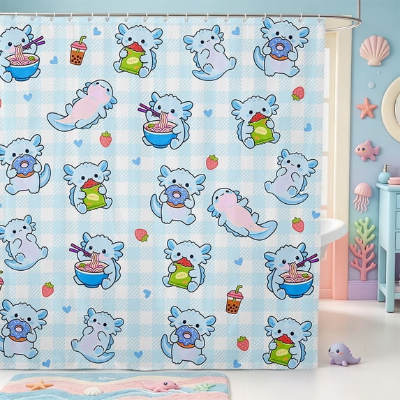 Manfei Kawaii Axolotl Pattern Shower Curtain 72Wx72L,Ocean Themed Amphibian Bathroom Curtain
