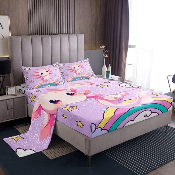 Manfei Kawaii Axolotl Salamander Full Size Sheets,bohemian Rainbow Stripe Bed Sheets,Pink Purple Sheet Sets For Girls Teens,Microfiber Bedroom Decor,4 Pieces