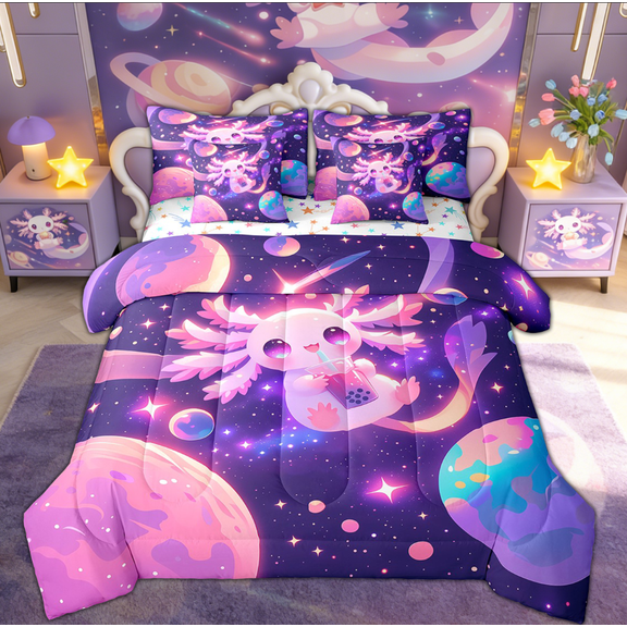 Feelyou Kawaii Axolotl Twin Bedding Sets 7-Piece, Mystic Outer Space Bedding Comforter Set, Purple Galaxy Sheet Sets, Lightweight Bedroom Decoration