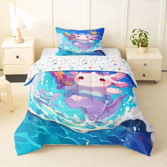 Manfei Kawaii Axolotl Twin Comforter Sets,Beach Surfing Wave Bedding Set For Girls,Pink Blue,Colorful Stars Reversible,2 Pieces,1 Comforter and 1 Pillowcase