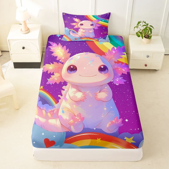 Manfei Kawaii Axolotl Twin Fitted Sheet, Cosmic Rainbow Bedding, Purple, 2 Pieces, 1 Fitted Sheet and 1 Pillowcase