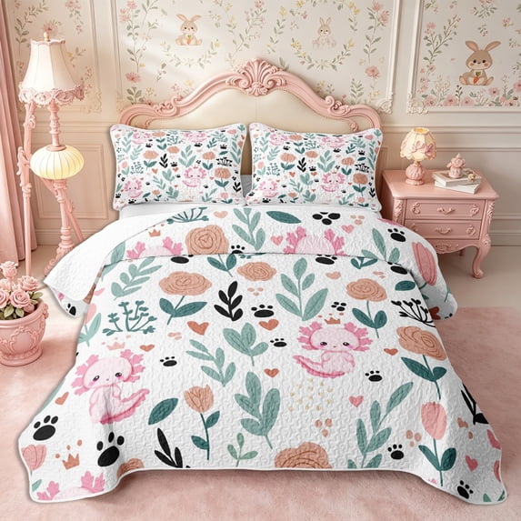 Manfei Kawaii Axolotl Twin Quilt Set 2 Pieces,Floral Animal Twin Coverlet Set,1 Bedspread and 1 Pillowcase