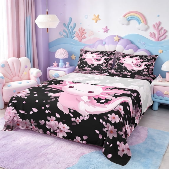 Manfei Kawaii Axolotl Twin Sheet Sets,Ocean Animal Bedding Twin Size,Pink Flower Sakura Bed Sheets Set Twin Size For Girl,Microfiber Bedroom Decoration,3-Piece