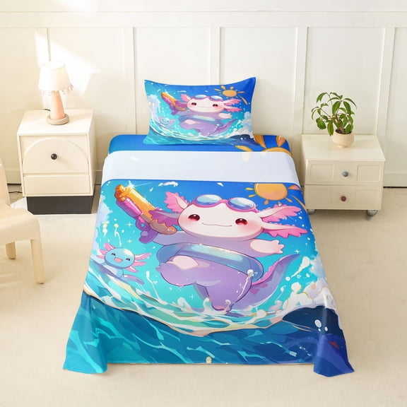 Manfei Kawaii Axolotl Twin Sheets,Beach Surfing Wave Bedding For Girls,Pink Blue,3 Pieces,1 Fitted Sheet and 1 Pillowcase