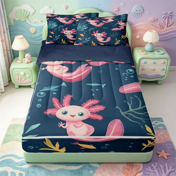 Manfei Kawaii Axolotl Zipper Twin Comforter Sets with Fitted Sheet and 2 Pillowcases,Cute Aniaml Salamander Zipper Bedding Set,Navy Blue Reversible,4pcs