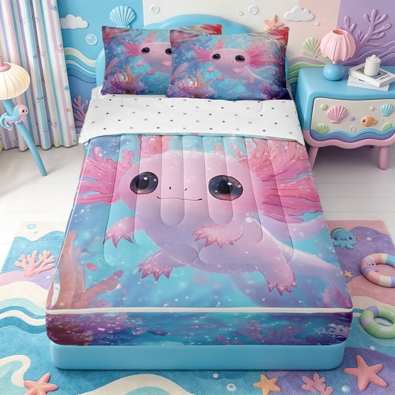 Manfei Kawaii Axolotl Zipper Twin Comforter Sets with Fitted Sheet and 2 Pillowcases,Ocean Amphibian Print Zipper Bedding Set,Reversible,4 Pieces